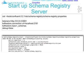 Cassandra / Kafka Support in EC2/AWS. Kafka Training, Kafka
Consulting
™
Start up Schema Registry
Server
cat ~/tools/confluent-3.2.1/etc/schema-registry/schema-registry.properties
listeners=http://0.0.0.0:8081
kafkastore.connection.url=localhost:2181
kafkastore.topic=_schemas
debug=false
 