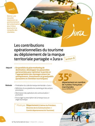 axe3 
Donner une 
nouvelle 
expression au 
positionnement 
de la destination 
pour mieux 
poursuivre la 
conquête des 
clientèles 
Les contributions 
opérationnelles du tourisme 
au déploiement de la marque 
territoriale partagée « Jura » 
– En parallèle du plan marketing de 
destination, développer les passerelles 
partenariales pour optimiser la portée et 
l’appropriation des messages envers les 
entrepreneurs, investisseurs et grand public 
(jurassiens et clientèles touristiques) 
– Finalisation du code de marque territoriale « Jura » 
– Définition d’une plateforme marketing et des actions 
prioritaires 
– Déclinaison des opérations de communication / 
promotion 
– Encourager la prescription de la marque sous un 
angle touristique 
Objectif 
Méthode 
Piloté par : Département (Cabinet du Président, 
Direction de la Communication et 
Comité départemental du Tourisme) 
action 8 
35e 
département en nombre 
de nuitées françaises 
marchandes 
(source SOFRES 2013) 
18 le Tourisme dans le Jura // Objectifs – enjeux 
 