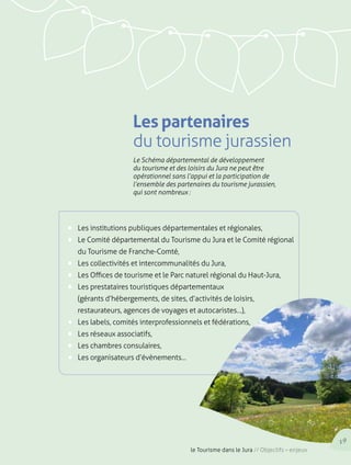 Les partenaires 
du tourisme jurassien 
Le Schéma départemental de développement 
du tourisme et des loisirs du Jura ne peut être 
opérationnel sans l’appui et la participation de 
l’ensemble des partenaires du tourisme jurassien, 
qui sont nombreux : 
• Les institutions publiques départementales et régionales, 
• Le Comité départemental du Tourisme du Jura et le Comité régional 
du Tourisme de Franche-Comté, 
• Les collectivités et intercommunalités du Jura, 
• Les Offices de tourisme et le Parc naturel régional du Haut-Jura, 
• Les prestataires touristiques départementaux 
(gérants d’hébergements, de sites, d’activités de loisirs, 
restaurateurs, agences de voyages et autocaristes…), 
• Les labels, comités interprofessionnels et fédérations, 
• Les réseaux associatifs, 
• Les chambres consulaires, 
• Les organisateurs d’évènements… 
19 
le Tourisme dans le Jura // Objectifs – enjeux 
 