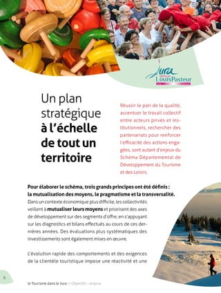 Réussir le pari de la qualité, 
accentuer le travail collectif 
entre acteurs privés et ins-titutionnels, 
rechercher des 
partenariats pour renforcer 
l’efficacité des actions enga-gées, 
sont autant d’enjeux du 
Schéma Départemental de 
Développement du Tourisme 
et des Loisirs. 
Un plan 
stratégique 
à l’échelle 
de tout un 
territoire 
Pour élaborer le schéma, trois grands principes ont été définis : 
la mutualisation des moyens, le pragmatisme et la transversalité. 
Dans un contexte économique plus difficile, les collectivités 
veillent à mutualiser leurs moyens et priorisent des axes 
de développement sur des segments d’offre, en s’appuyant 
sur les diagnostics et bilans effectués au cours de ces der-nières 
années. Des évaluations plus systématiques des 
investissements sont également mises en oeuvre. 
L’évolution rapide des comportements et des exigences 
de la clientèle touristique impose une réactivité et une 
8 le Tourisme dans le Jura // Objectifs – enjeux 
 