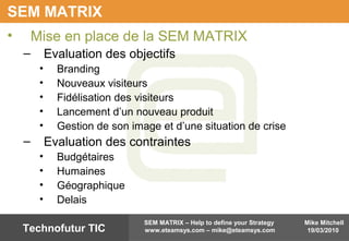 Mike Mitchell
19/03/2010
SEM MATRIX – Help to define your Strategy
www.eteamsys.com – mike@eteamsys.comTechnofutur TIC
SEM MATRIX
• Mise en place de la SEM MATRIX
– Evaluation des objectifs
• Branding
• Nouveaux visiteurs
• Fidélisation des visiteurs
• Lancement d’un nouveau produit
• Gestion de son image et d’une situation de crise
– Evaluation des contraintes
• Budgétaires
• Humaines
• Géographique
• Delais
 