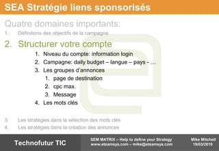 Mike Mitchell
19/03/2010
SEM MATRIX – Help to define your Strategy
www.eteamsys.com – mike@eteamsys.comTechnofutur TIC
SEA Stratégie liens sponsorisés
Quatre domaines importants:
1. Définitions des objectifs de la campagne
2. Structurer votre compte
1. Niveau du compte: information login
2. Campagne: daily budget – langue – pays - …
3. Les groupes d’annonces
1. page de destination
2. cpc max.
3. Message
4. Les mots clés
3. Les stratégies dans la sélection des mots clés
4. Les stratégies dans la création des annonces
 