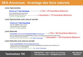 Mike Mitchell
19/03/2010
SEM MATRIX – Help to define your Strategy
www.eteamsys.com – mike@eteamsys.comTechnofutur TIC
SEA Annonces: Avantage des liens naturels
Liens Sponsorisés
Liens Sponsorisés avec preuve sociale
Liens Naturels
Liens Naturels avec preuve sociale
Titre = 25 Caractères Maximum
Titre = 60 Caractères Maximum
Description = 70 Caractères Maximum
Description = 150 Caractères Maximum
 