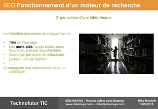 Mike Mitchell
19/03/2010
SEM MATRIX – Help to define your Strategy
www.eteamsys.com – mike@eteamsys.comTechnofutur TIC
SEO Fonctionnement d’un moteur de recherche
Organisation d'une bibliothèque
Le bibliothécaire extrait de chaque livre le
• Titre de l'ouvrage
• Les mots clés: sujets traités dans
l'ouvrage, analyse documentaire
• Auteur(s): par ordre de rédacteurs.
• Editeur: titre de l'édition
• …..
Et enregistre ces informations dans un
catalogue
 