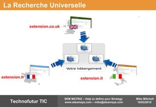 Mike Mitchell
19/03/2010
SEM MATRIX – Help to define your Strategy
www.eteamsys.com – mike@eteamsys.comTechnofutur TIC
La Recherche Universelle
extension.fr
extension.co.uk
extension.it
 