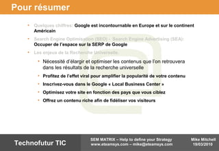 Mike Mitchell
19/03/2010
SEM MATRIX – Help to define your Strategy
www.eteamsys.com – mike@eteamsys.comTechnofutur TIC
Pour résumer
• Quelques chiffres: Google est incontournable en Europe et sur le continent
Américain
• Search Engine Optimisation (SEO) - Search Engine Advertising (SEA):
Occuper de l’espace sur la SERP de Google
• Les enjeux de la Recherche Universelle.
• Nécessité d’élargir et optimiser les contenus que l’on retrouvera
dans les résultats de la recherche universelle
• Profitez de l’effet viral pour amplifier la popularité de votre contenu
• Inscrivez-vous dans le Google « Local Business Center »
• Optimisez votre site en fonction des pays que vous ciblez
• Offrez un contenu riche afin de fidéliser vos visiteurs
 