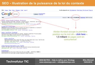 Mike Mitchell
19/03/2010
SEM MATRIX – Help to define your Strategy
www.eteamsys.com – mike@eteamsys.comTechnofutur TIC
SEO - Illustration de la puissance de la loi du contexte
Adobe Acrobat occupe la première
position sur le mot clé « click here ».
1,5 milliard de pages sont en
concurrence!
 