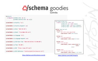 Sc goodies	

h,ps://github.com/sfx/schema-­‐contrib	
  	
  	
  
Contribs	
  
h,ps://github.com/cddr/integrity	
  	
  
 