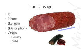 The sausage	

•  Id	

•  Name	

•  (Length)	

•  (Description)	

•  Origin	

–  Country	

–  (City)	

h,p://www.sweetpoland.com/	
  	
  
 