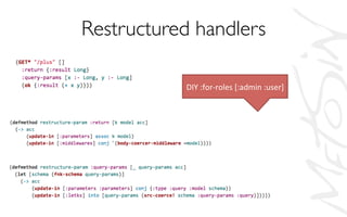 Restructured handlers	

DIY	
  :for-­‐roles	
  [:admin	
  :user]	
  
 