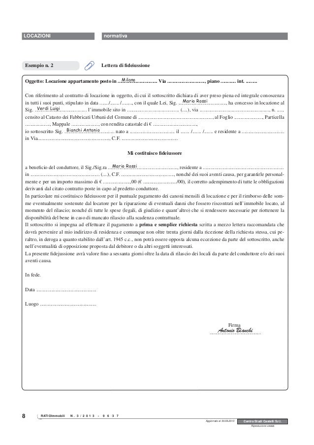 Schema contratto di locazione con garanzia fidejussoria for Contratto affitto appartamento arredato fac simile