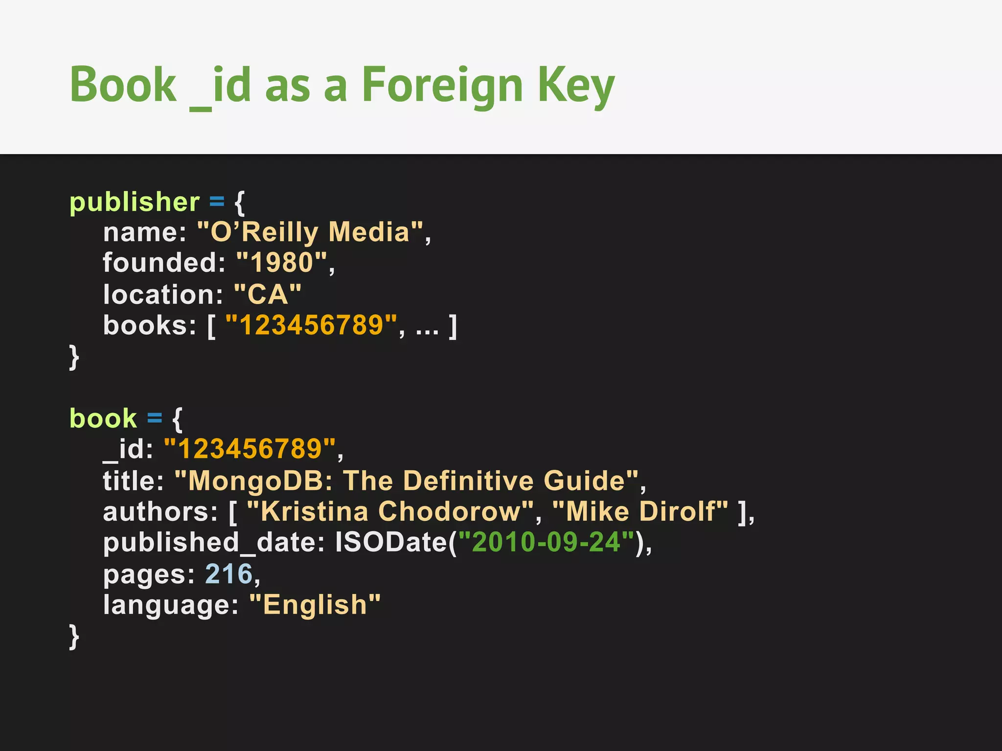 Book _id as a Foreign Key
publisher = {
name: "O’Reilly Media",
founded: "1980",
location: "CA"
books: [ "123456789", ... ]
}
book = {
_id: "123456789",
title: "MongoDB: The Definitive Guide",
authors: [ "Kristina Chodorow", "Mike Dirolf" ],
published_date: ISODate("2010-09-24"),
pages: 216,
language: "English"
}

 