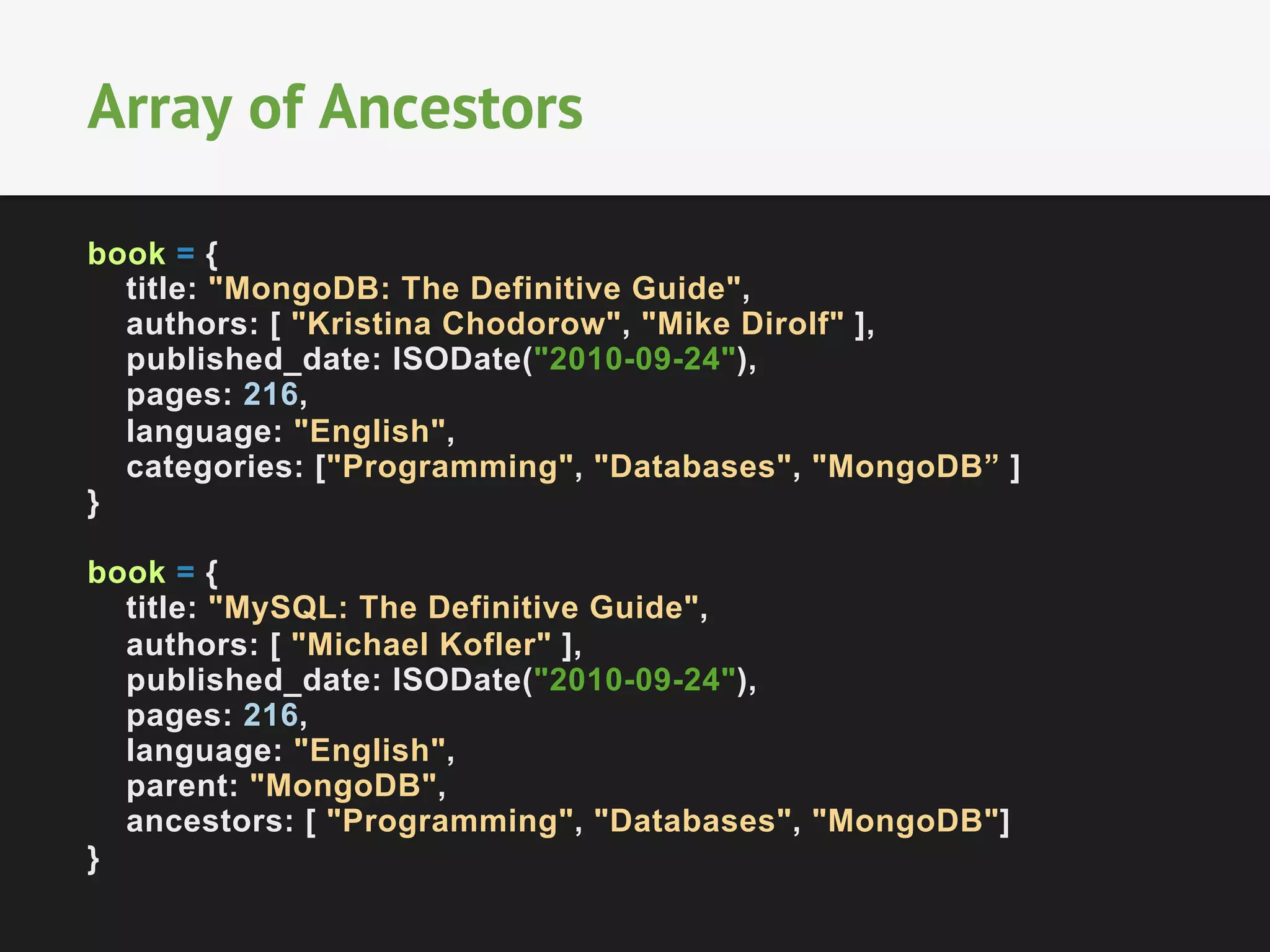 Array of Ancestors
book = {
title: "MongoDB: The Definitive Guide",
authors: [ "Kristina Chodorow", "Mike Dirolf" ],
published_date: ISODate("2010-09-24"),
pages: 216,
language: "English",
categories: ["Programming", "Databases", "MongoDB” ]
}
book = {
title: "MySQL: The Definitive Guide",
authors: [ "Michael Kofler" ],
published_date: ISODate("2010-09-24"),
pages: 216,
language: "English",
parent: "MongoDB",
ancestors: [ "Programming", "Databases", "MongoDB"]
}

 