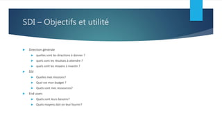SDI – Objectifs et utilité
 Direction générale
 quelles sont les directions à donner ?
 quels sont les résultats à attendre ?
 quels sont les moyens à investir ?
 DSI
 Quelles mes missions?
 Quel est mon budget ?
 Quels sont mes ressources?
 End users
 Quels sont leurs besoins?
 Quels moyens doit on leur fournir?
 