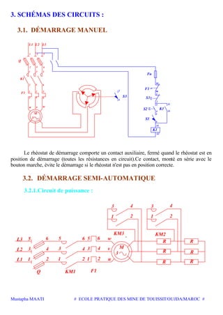 Mustapha MAATI # ECOLE PRATIQUE DES MINE DE TOUISSIT/OUJDA/MAROC #
3. SCHÉMAS DES CIRCUITS :
3.1. DÉMARRAGE MANUEL
K1
F1
4
3
Q
1
6
5
2
L1 L2 L3
1 3 5
2 4 6
1 3 5
2 4 6
wvu
3
M
1
2
13
144
A1
95
96
3
3
4
A2
3
4
S1S3
K1
F1
Fu
K1S2
S3
Le rhéostat de démarrage comporte un contact auxiliaire, fermé quand le rhéostat est en
position de démarrage (toutes les résistances en circuit).Ce contact, monté en série avec le
bouton marche, évite le démarrage si le rhéostat n'est pas en position correcte.
3.2. DÉMARRAGE SEMI-AUTOMATIQUE
3.2.1.Circuit de puissance :
R
R
R
R
R
R
w
v
u
3
M
KM2KM3
3
1
4
2 1
3 4
2
5
3
1
5
3
1
6 65
4
2
4
21
3
2
4
6L3
L2
L1
Q KM1 F1
 