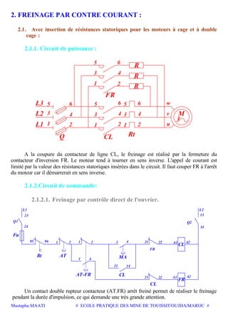 Mustapha MAATI # ECOLE PRATIQUE DES MINE DE TOUISSIT/OUJDA/MAROC #
2. FREINAGE PAR CONTRE COURANT :
2.1. Avec insertion de résistances statoriques pour les moteurs à cage et à double
cage :
2.1.1. Circuit de puissance :
M
3
u
v
w
3
2
4
1
65
R
R
R
2
4
66
4
2 1
3
5
1
3
5
L2
L1
L3
2
4
6
1
3
5
FR
CL RtQ
A la coupure du contacteur de ligne CL, le freinage est réalisé par la fermeture du
contacteur d'inversion FR. Le moteur tend à tourner en sens inverse. L'appel de courant est
limité par la valeur des résistances statoriques insérées dans le circuit. Il faut couper FR à l'arrêt
du moteur car il démarrerait en sens inverse.
2.1.2.Circuit de commande:
2.1.2.1. Freinage par contrôle direct de l'ouvrier.
AT-FR
AT
CL
MA
Q2
CL
2 2 4
FR
22 A2
13
14
4
1 1 3 21
14
13
3
A1
A2A1
FR2221
95 96
Q1
Fu
24
23
Rt
L1 L2
CL
Un contact double rupteur contacteur (AT.FR) arrêt freiné permet de réaliser le freinage
pendant la durée d'impulsion, ce qui demande une très grande attention.
 