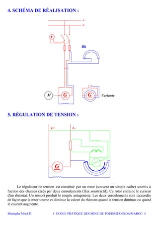 Mustapha MAATI # ECOLE PRATIQUE DES MINE DE TOUISSIT/OUJDA/MAROC #
4. SCHÉMA DE RÉALISATION :
GM
L-
Rh
V
G Variante
5. RÉGULATION DE TENSION :
L-L+
G
Le régulateur de tension est constitué par un rotor (souvent un simple cadre) soumis à
l'action des champs créés par deux enroulements (flux soustractif). Ce rotor entraine le curseur
d'un rhéostat. Un ressort produit le couple antagoniste. Les deux enroulements sont raccordés
de façon que le rotor tourne et diminue la valeur du rhéostat quand la tension diminue ou quand
le courant augmente.
 