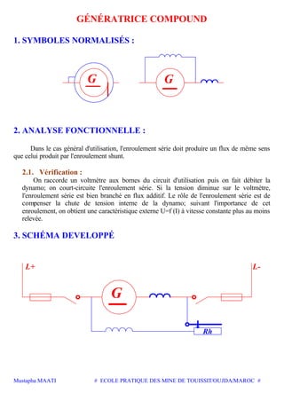 Mustapha MAATI # ECOLE PRATIQUE DES MINE DE TOUISSIT/OUJDA/MAROC #
GÉNÉRATRICE COMPOUND
1. SYMBOLES NORMALISÉS :
GG
2. ANALYSE FONCTIONNELLE :
Dans le cas général d'utilisation, l'enroulement série doit produire un flux de même sens
que celui produit par l'enroulement shunt.
2.1. Vérification :
On raccorde un voltmètre aux bornes du circuit d'utilisation puis on fait débiter la
dynamo; on court-circuite l'enroulement série. Si la tension diminue sur le voltmètre,
l'enroulement série est bien branché en flux additif. Le rôle de l'enroulement série est de
compenser la chute de tension interne de la dynamo; suivant l'importance de cet
enroulement, on obtient une caractéristique externe U=f (I) à vitesse constante plus au moins
relevée.
3. SCHÉMA DEVELOPPÉ
Rh
L+ L-
G
 