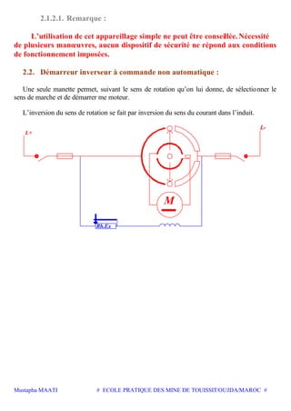 Mustapha MAATI # ECOLE PRATIQUE DES MINE DE TOUISSIT/OUJDA/MAROC #
2.1.2.1. Remarque :
L’utilisation de cet appareillage simple ne peut être conseillée.Nécessité
de plusieurs manœuvres, aucun dispositif de sécurité ne répond aux conditions
de fonctionnement imposées.
2.2. Démarreur inverseur à commande non automatique :
Une seule manette permet, suivant le sens de rotation qu’on lui donne, de sélectionner le
sens de marche et de démarrer me moteur.
L’inversion du sens de rotation se fait par inversion du sens du courant dans l’induit.
Rh.Ex
L+
M
 