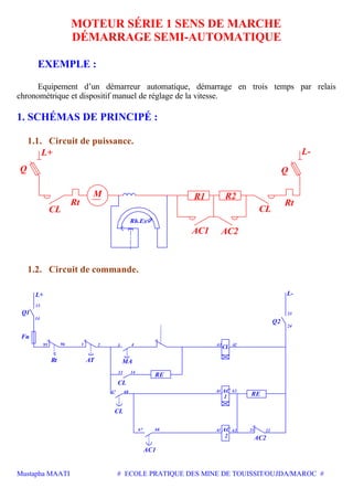 Mustapha MAATI # ECOLE PRATIQUE DES MINE DE TOUISSIT/OUJDA/MAROC #
MOTEUR SÉRIE 1 SENS DE MARCHE
DÉMARRAGE SEMI-AUTOMATIQUE
EXEMPLE :
Equipement d’un démarreur automatique, démarrage en trois temps par relais
chronométrique et dispositif manuel de réglage de la vitesse.
1. SCHÉMAS DE PRINCIPÉ :
1.1. Circuit de puissance.
Rh.Ex
L+
Rt
CL
R2R1M
Rt
CL
AC1 AC2
QQ
1.2. Circuit de commande.
CL
AC
AC
1
2
23
24
A2
67
14
14
13
95 96 1 2 3
13
68
4 A1 A2
A1 A2
21 22A1
L+
Rt AT MA
Q2
L-
AC1
AC2
RE
Q1
Fu
CL
CL
RE
67 68
 