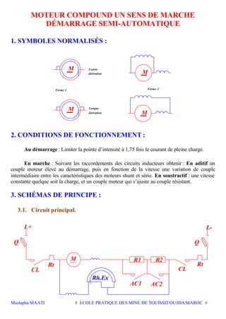 Mustapha MAATI # ECOLE PRATIQUE DES MINE DE TOUISSIT/OUJDA/MAROC #
MOTEUR COMPOUND UN SENS DE MARCHE
DÉMARRAGE SEMI-AUTOMATIQUE
1. SYMBOLES NORMALISÉS :
M
M
M
M
Courte
Longue
dérivation
dérivation
Forme 1 Forme 2
2. CONDITIONS DE FONCTIONNEMENT :
Au démarrage : Limiter la pointe d’intensité à 1,75 fois le courant de pleine charge.
En marche : Suivant les raccordements des circuits inducteurs obtenir : En aditif un
couple moteur élevé au démarrage, puis en fonction de la vitesse une variation de couple
intermédiaire entre les caractéristiques des moteurs shunt et série. En soustractif : une vitesse
constante quelque soit la charge, et un couple moteur qui s’ajuste au couple résistant.
3. SCHÉMAS DE PRINCIPE :
3.1. Circuit principal.
Rh.Ex
L+
Q
Rt
CL
M
CL
Rt
Q
L-
R2R1
AC1 AC2
 
