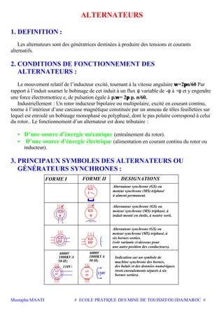 Mustapha MAATI # ECOLE PRATIQUE DES MINE DE TOUISSIT/OUJDA/MAROC #
ALTERNATEURS
1. DEFINITION :
Les alternateurs sont des génératrices destinées à produire des tensions et courants
alternatifs.
2. CONDITIONS DE FONCTIONNEMENT DES
ALTERNATEURS :
Le mouvement relatif de l’inducteur excité, tournant à la vitesse angulaire ω=2πn/60 Par
rapport à l’induit soumet le bobinage de cet induit à un flux φ variable de -φ à +φ et y engendre
une force électromotrice e, de pulsation égale à p.ω= 2π p. n/60.
Industriellement : Un rotor inducteur bipolaire ou multipolaire, excité en courant continu,
tourne à l’intérieur d’une carcasse magnétique constituée par un anneau de tôles feuilletées sur
lequel est enroulé un bobinage monophasé ou polyphasé, dont le pas polaire correspond à celui
du rotor.. Le fonctionnement d’un alternateur est donc tributaire :
• D’une source d’énergie mécanique (entraînement du rotor).
• D’une source d’énergie électrique (alimentation en courant continu du rotor ou
inducteur).
3. PRINCIPAUX SYMBOLES DES ALTERNATEURS OU
GÉNÉRATEURS SYNCHRONES :
FORME II DESIGNATIONSFORME I
Alternateur synchrone (GS) ou
moteur synchrone (MS) triphasé
à aiment permanent.
-
induit monté en étoile, à neutre sorti.
moteur synchrone (MS) triphasé, à
Alternateur synchrone (GS) ou
une autre position des conducteurs).
(voir variante ci-dessous pour
six bornes sorties.
moteur synchrone (MS) triphasé, à
Alternateur synchrone (GS) ou
-
GS
3
GS
GS
III
bornes sorties).
(trois enroulements séparés à six
des balais et des données numériques.
machine synchrone des bornes,
Indication sur un symbole de
-110V
50 Hz
1000KVA
6000V
III
GS
110V-
50 Hz
1000KVA
6000V
III
GS
-
III
GS
-
GS
 