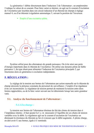 Mustapha MAATI # ECOLE PRATIQUE DES MINE DE TOUISSIT/OUJDA/MAROC #
La génératrice 1 débite directement dans l’inducteur 2 de l’alternateur ; un ampèremètre
3 indique la valeur de ce courant. Pour faire varier ce dernier, on agit sur le courant d’excitation
de l’excitatrice par insertion dans son circuit inducteur d’un rhéostat de champs à réglage
manuel 4, ou d’un rhéostat à régulation automatique 5, suivant la position de l’inverseur.
• Emploi d’une excitatrice pilote.
GS
1
M G
A
G 1
2
Système utilisé pour des alternateurs de grande puissance. On évite ainsi une perte
d’énergie importante dans le rhéostat de l’excitatrice. On utilise une dynamo pilote de faible
puissance 1, du type shunt pour alimenter l’inducteur de l’excitatrice principale 2, qui
fonctionne alors en génératrice à excitation indépendante.
5. RÉGULATION :
Le réglage de la tension aux bornes de l’alternateur par action manuelle sur le rhéostat de
champ nécessite la présence constante du personnel de surveillance ; l’emploi d’un régulateur
évite cet inconvénient. Le régulateur de tension permet de maintenir la tension entre deux
limites rapprochées, ou de la faire varier suivant une loi déterminée lorsqu’une autre grandeur
varie.
5.1. Analyse du fonctionnement de l’alternateur :
5.1.1.En charge :
La tension aux bornes de l’alternateur diminue du fait des chutes de tension dues à
l’impédance interne ; il faut ajouter la f. e. m nécessaire à l’équilibre de ces chutes de tension
variables avec le débit. Le régulateur agit sur le courant d’excitation de l’excitatrice en
diminuant la résistance du rhéostat au fur et à mesure que le débit augmente. A pleine charge,
on doit avoir U aux bornes, égale à U nominale.
 