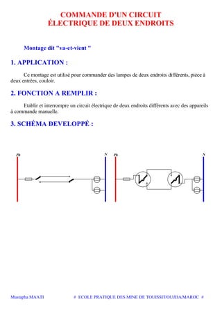 Mustapha MAATI # ECOLE PRATIQUE DES MINE DE TOUISSIT/OUJDA/MAROC #
COMMANDE D'UN CIRCUIT
ÉLECTRIQUE DE DEUX ENDROITS
Montage dit "va-et-vient "
1. APPLICATION :
Ce montage est utilisé pour commander des lampes de deux endroits différents, pièce à
deux entrées, couloir.
2. FONCTION A REMPLIR :
Etablir et interrompre un circuit électrique de deux endroits différents avec des appareils
à commande manuelle.
3. SCHÉMA DEVELOPPÉ :
N Ph NPh
 