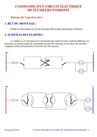 Mustapha MAATI # ECOLE PRATIQUE DES MINE DE TOUISSIT/OUJDA/MAROC #
COMMANDE D'UN CIRCUIT ÉLECTRIQUE
DE PLUSIEURS ENDROITS
Montage dit "cage d'escalier"
1. BUT DU MONTAGE :
Etablir ou interrompre un circuit électrique d'un nombre quelconque d'endroits.
2. SCHÉMAS DEVELOPPÉS :
Le schéma va et vient permet la commande d'un circuit de deux endroits différents. Le
troisième, ou énième points de commande ne peut être situé que sur les deux fils navettes.
L'appareil utilisé doit permettre l'inversion des fils navettes.
Ph N
NPh
 