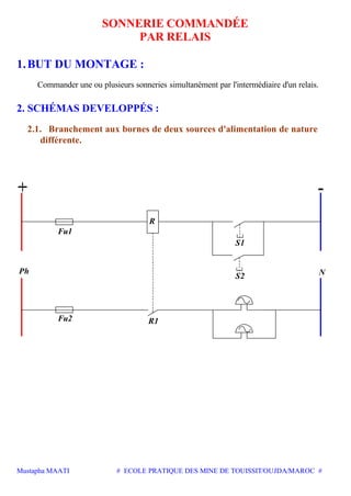 Mustapha MAATI # ECOLE PRATIQUE DES MINE DE TOUISSIT/OUJDA/MAROC #
SONNERIE COMMANDÉE
PAR RELAIS
1.BUT DU MONTAGE :
Commander une ou plusieurs sonneries simultanément par l'intermédiaire d'un relais.
2. SCHÉMAS DEVELOPPÉS :
2.1. Branchement aux bornes de deux sources d'alimentation de nature
différente.
Ph N
-
R
R1
Fu1
Fu2
S1
S2
 