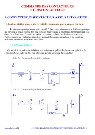 Mustapha MAATI # ECOLE PRATIQUE DES MINE DE TOUISSIT/OUJDA/MAROC #
COMMANDE DES CONTACTEURS
ET DISCONTACTEURS
1. CONTACTEUR, DISCONTACTEUR A COURANT CONTINU :
1.1. Alimentation directe du circuit de commande par le réseau continu.
Le circuit magnétique est en acier massif. A l’ouverture du contacteur le flux magnétique
qui traverse le circuit mobile doit être suffisant pour vaincre le couple résistant mécanique. Au
cours de la fermeture, l’entrefer se réduit ; la réluctance du circuit diminue et provoque
l’accroissement de l’induction et du flux, qui porte le noyau à saturation. Il est inutile de
maintenir un courant permanent aussi élevé.
1.1.1.Moyen utilisé :
On introduit en série avec la bobine une résistance appelée « Résistance de réduction de
consommation » ; elle ne doit être intercalée qu’à la fermeture du contacteur.
1.1.1.1. Commande par interrupteur.
A1 A2
K
L-L+
EF
RE
MA
AT
Rt
F1
1.1.1.2. Commande par bouton poussoir.
K A2
F1
F2
Rt
S1
AT
A1
S2
MA
RE
1K
L+ L-
 