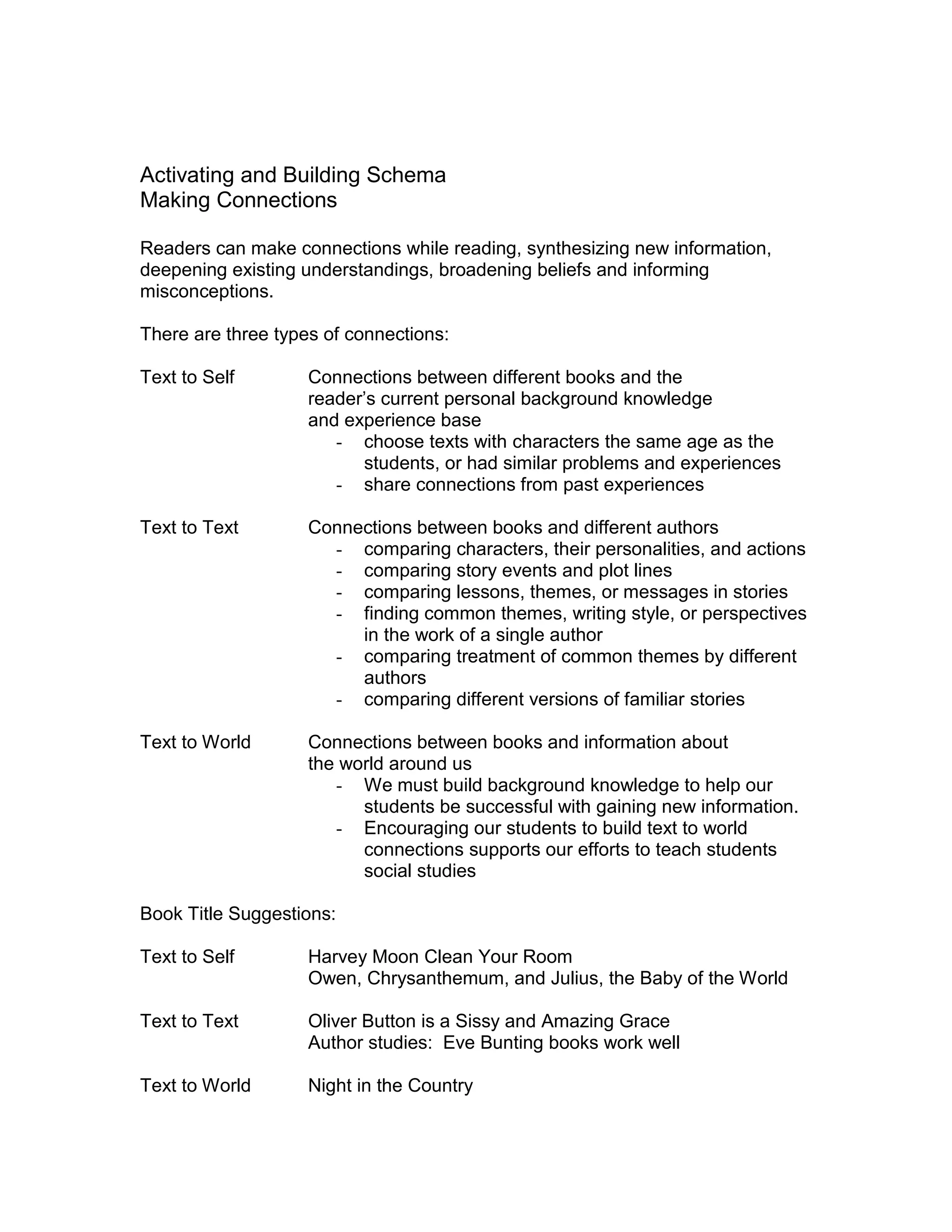 Activating and Building Schema
Making Connections
Readers can make connections while reading, synthesizing new information,
deepening existing understandings, broadening beliefs and informing
misconceptions.
There are three types of connections:
Text to Self Connections between different books and the
reader’s current personal background knowledge
and experience base
- choose texts with characters the same age as the
students, or had similar problems and experiences
- share connections from past experiences
Text to Text Connections between books and different authors
- comparing characters, their personalities, and actions
- comparing story events and plot lines
- comparing lessons, themes, or messages in stories
- finding common themes, writing style, or perspectives
in the work of a single author
- comparing treatment of common themes by different
authors
- comparing different versions of familiar stories
Text to World Connections between books and information about
the world around us
- We must build background knowledge to help our
students be successful with gaining new information.
- Encouraging our students to build text to world
connections supports our efforts to teach students
social studies
Book Title Suggestions:
Text to Self Harvey Moon Clean Your Room
Owen, Chrysanthemum, and Julius, the Baby of the World
Text to Text Oliver Button is a Sissy and Amazing Grace
Author studies: Eve Bunting books work well
Text to World Night in the Country
 
