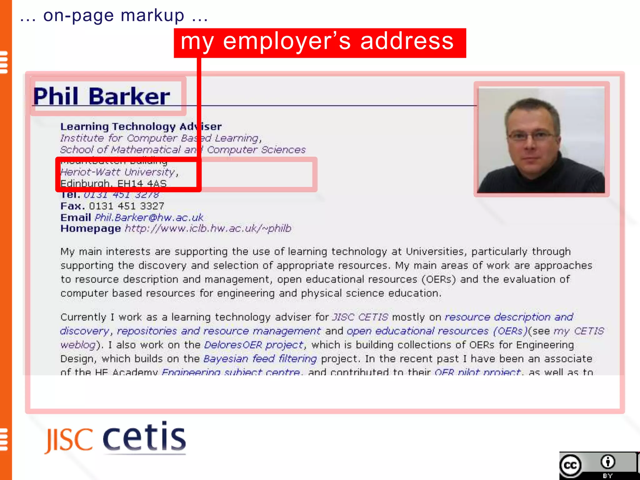 … on-page markup …
               my employer’s address
 
