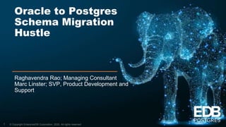 © Copyright EnterpriseDB Corporation, 2020. All rights reserved.
Oracle to Postgres
Schema Migration
Hustle
Raghavendra Rao; Managing Consultant
Marc Linster; SVP, Product Development and
Support
1
 