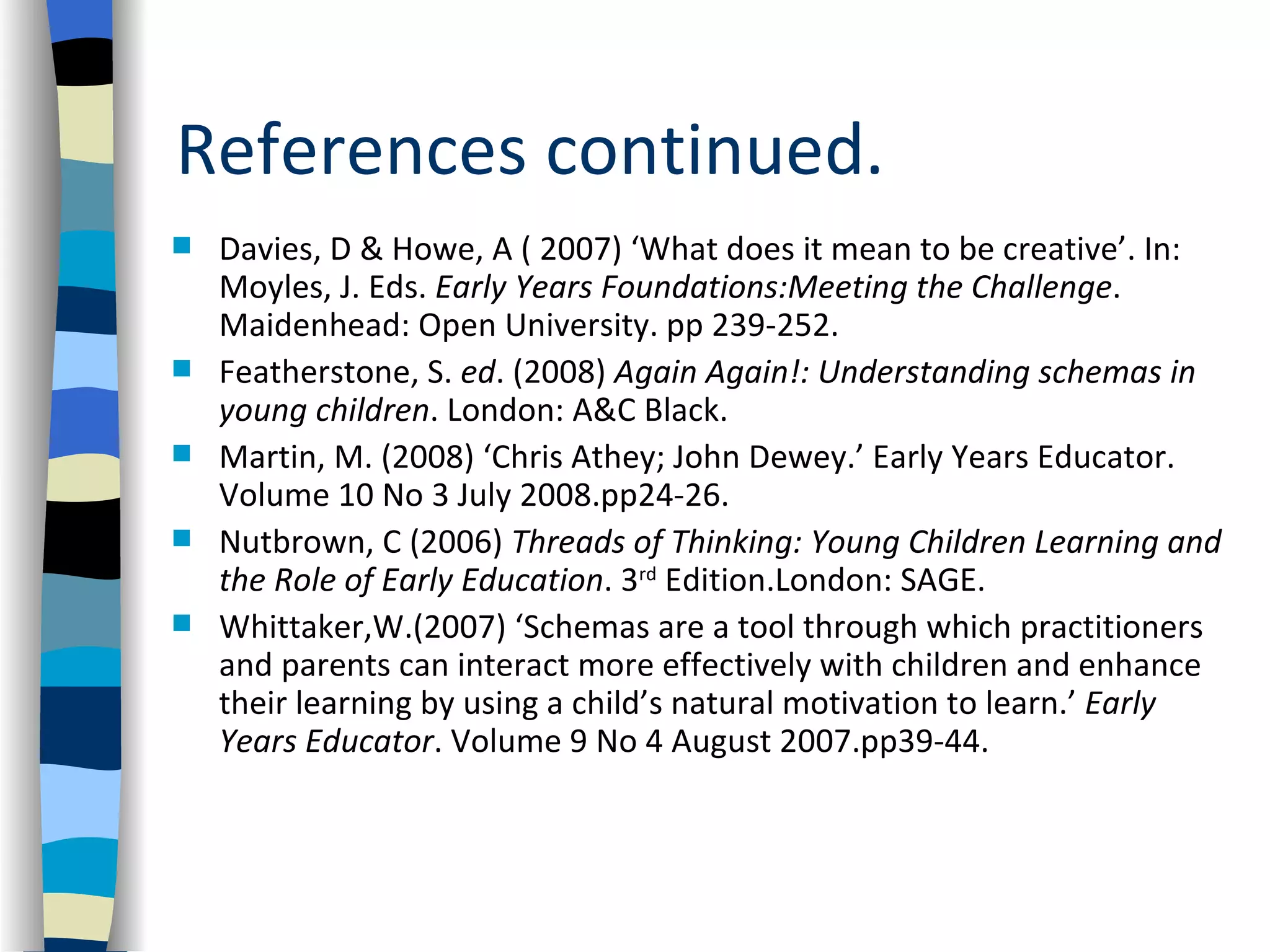References continued.
   Davies, D & Howe, A ( 2007) ‘What does it mean to be creative’. In:
    Moyles, J. Eds. Early Years Foundations:Meeting the Challenge.
    Maidenhead: Open University. pp 239-252.
   Featherstone, S. ed. (2008) Again Again!: Understanding schemas in
    young children. London: A&C Black.
   Martin, M. (2008) ‘Chris Athey; John Dewey.’ Early Years Educator.
    Volume 10 No 3 July 2008.pp24-26.
   Nutbrown, C (2006) Threads of Thinking: Young Children Learning and
    the Role of Early Education. 3rd Edition.London: SAGE.
   Whittaker,W.(2007) ‘Schemas are a tool through which practitioners
    and parents can interact more effectively with children and enhance
    their learning by using a child’s natural motivation to learn.’ Early
    Years Educator. Volume 9 No 4 August 2007.pp39-44.
 