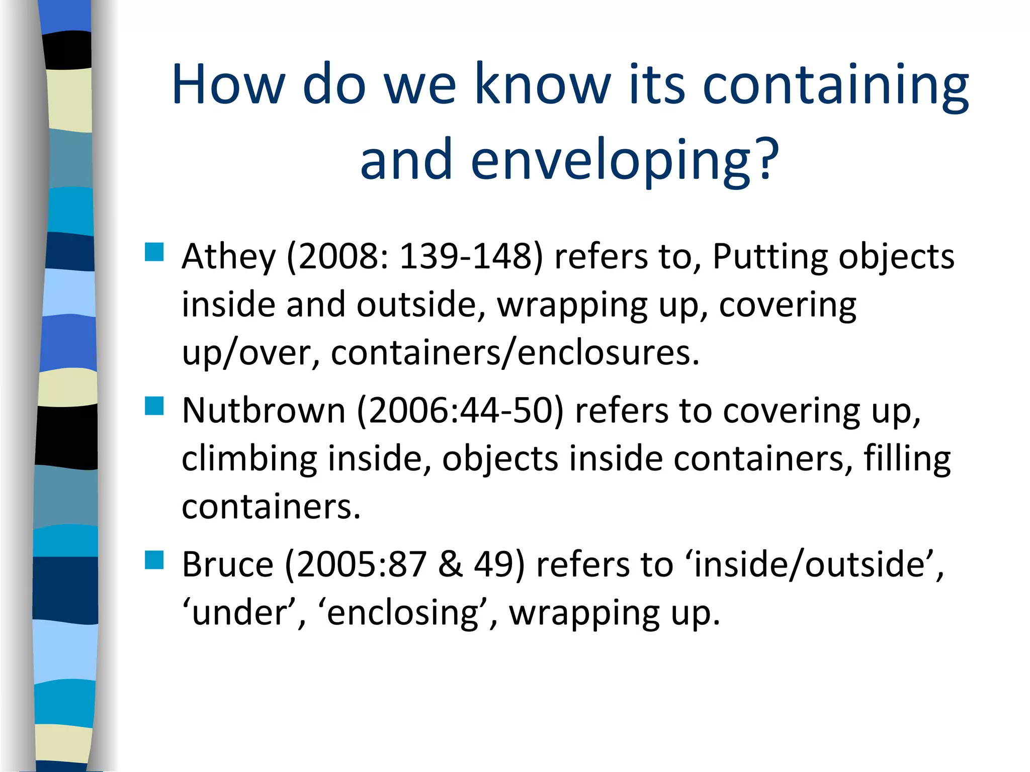 How do we know its containing
          and enveloping?
   Athey (2008: 139-148) refers to, Putting objects
    inside and outside, wrapping up, covering
    up/over, containers/enclosures.
   Nutbrown (2006:44-50) refers to covering up,
    climbing inside, objects inside containers, filling
    containers.
   Bruce (2005:87 & 49) refers to ‘inside/outside’,
    ‘under’, ‘enclosing’, wrapping up.
 