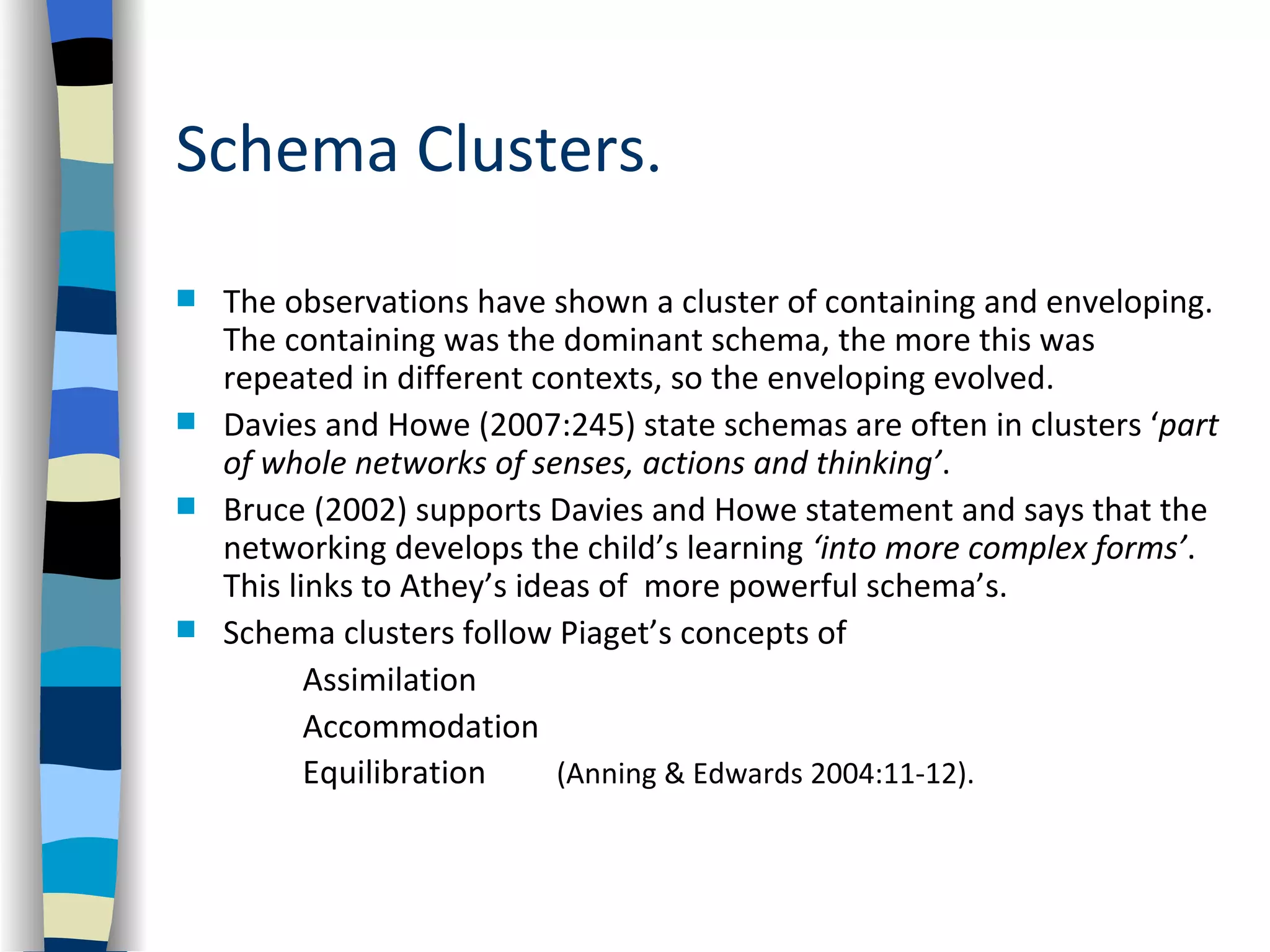 Schema Clusters.
 The observations have shown a cluster of containing and enveloping.
  The containing was the dominant schema, the more this was
  repeated in different contexts, so the enveloping evolved.
 Davies and Howe (2007:245) state schemas are often in clusters ‘part
  of whole networks of senses, actions and thinking’.
 Bruce (2002) supports Davies and Howe statement and says that the
  networking develops the child’s learning ‘into more complex forms’.
  This links to Athey’s ideas of more powerful schema’s.
 Schema clusters follow Piaget’s concepts of
         Assimilation
         Accommodation
         Equilibration     (Anning & Edwards 2004:11-12).
 