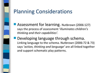 Planning Considerations

   Assessment for learning. Nutbrown (2006:127)
    says the process of assessment ‘illuminates children’s
    thinking and their capabilities’.
   Developing language through schema.
    Linking language to the schema. Nutbrown (2006:72 & 73)
    says ‘action, thinking and language’ are all linked together
    and support schematic play patterns.
 