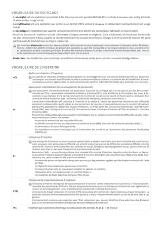 Vocabulaire du recyclage
 Le réemploi est une opération qui permet à des biens qui ne sont pas des déchets d’être utilisés à nouveau sans qu’il y ait modi-
fication de leur usage initial.
 La réutilisation est une opération qui permet à un déchet d’être utilisé à nouveau en détournant éventuellement son usage
initial.
 Le recyclage est l’opération par laquelle la matière première d’un déchet est utilisée pour fabriquer un nouvel objet.
 Matériau bio-sourcé : matériau issu de la biomasse d’origine animale ou végétale. Dans le bâtiment, les matériaux bio-sourcés
les plus utilisés sont le bois, la paille, la chènevotte (chanvre), la ouate de cellulose, le liège, le lin et la laine de mouton. On parle
parfois aussi de biomatériaux ou d’agro-ressources.
 Les matériaux biosourcés ne sont pas nécessairement 100 % naturels et sans impact pour l’environnement. Ils peuvent parfois être trans-
formés, contenir des additifs chimiques en proportions variables ou avoir été transportés sur de longues distances. Dans une démarche
de construction durable, il est donc préférable d’utiliser des matériaux biosourcés locaux et les moins transformés possibles, sous réserve
qu’ils répondent aux caractéristiques pour lesquelles ils sont mis en œuvre.
 Biodéchets : Les biodéchets sont constitués des déchets alimentaires et des autres déchets naturels biodégradables.
Vocabulaire de l’insertion
ACI
Ateliers et chantiers d’insertion
 Les ateliers et chantiers d’insertion (ACI) proposent un accompagnement et une activité professionnelle aux personnes
sans emploi rencontrant des difficultés sociales et professionnelles particulières. Les salariés des ACI bénéficient d’une ré-
munération au moins égale au Smic. Ils sont conventionnés par l’État et bénéficient d’aides pour accomplir leurs missions.
AI
Association intermédiaire (mise à disposition de personnel)
 Une association intermédiaire (AI) est une association à but non lucratif régie par la loi de 1901 et qui doit être conven-
tionnée par l’État. L’association intermédiaire bénéficie d’aides de l’État. Une AI effectue à titre onéreux des mises à dis-
position, ce qui implique d’une part la conclusion d’un contrat de travail avec le salarié, et d’autre part la conclusion d’un
contrat de mise à disposition avec l’utilisateur (collectivité, entreprise, particulier, associations…).
L’association intermédiaire (AI) contribue à l’insertion et au retour à l’emploi des personnes rencontrant des difficultés
sociales et professionnelles particulières, en leur permettant de travailler occasionnellement pour le compte d’utilisateurs
(particuliers, associations, collectivités locales, entreprises…). L’AI fait partie des structures d’insertion par l’activité écono-
mique (SIAE). avec l’entreprise d’insertion (EI), l’entreprise de travail temporaire d’insertion (ETTI) et les ateliers et chantiers
d’insertion (ACI).
Peuvent être embauchées par une association intermédiaire (AI), les personnes rencontrant des difficultés sociales et pro-
fessionnelles particulières notamment :
- les jeunes de moins de 26 ans en grande difficulté ;
- les bénéficiaires de minima sociaux (revenu de solidarité active (RSA), allocation de solidarité spécifique (ASS)…) ;
- les demandeurs d’emploi de longue durée ;
- les travailleurs reconnus handicapés par la Commission des droits et de l’autonomie des personnes handicapées
(CDAPH), etc.
EI
Entreprise d’insertion
 Une entreprise d’insertion est une entreprise opérant dans le secteur marchand, mais dont la finalité est avant tout so-
ciale : proposer à des personnes en difficulté une activité productive assortie de différentes prestations définies selon les
besoins de l’intéressé (ré-entraînement aux rythmes de travail, formation, accompagnement social…) pour construire et
finaliser avec elles un parcours d’insertion socioprofessionnel durable.
Association, SARL… : aucune forme juridique n’est imposée à l’entreprise d’insertion, laquelle produit des biens ou des ser-
vices comme n’importe quelle entreprise. L’entreprise d’insertion doit signer une convention avec l’État, d’une durée maxi-
male de 3 ans, cette convention elle précise notamment :
- le nombre de postes en équivalent temps plein pourvus par des personnes agréées par Pôle Emploi ouvrant droit à l’aide
de l’État ;
- les règles de rémunération des personnes en insertion ;
- les moyens humains mis en œuvre pour encadrer les salariés en insertion ;
- l’évaluation et le suivi des personnes en insertion (bilans…) ;
 - les modalités de dépôt des offres d’emploi à Pôle emploi.
ETTI
Entreprise de travail temporaire d’insertion
 Entreprise d’intérim, l’entreprise de travail temporaire d’insertion centre entièrement son activité sur l’insertion profes-
sionnelle des personnes en difficulté. Elle leur propose des missions auprès d’entreprises utilisatrices, mais également un
suivi et un accompagnement social et professionnel, pendant et en dehors des missions.
L’entreprise de travail temporaire d’insertion (ETTI) est soumise à l’ensemble des règles relatives au travail temporaire. La
durée des contrats de mission peut toutefois être portée à 24 mois, renouvellement compris, au lieu de 18 mois dans le cas
général.
L’entreprise doit conclure une convention avec l’État, notamment pour pouvoir bénéficier d’une aide financière. En savoir
plus sur le conventionnement des entreprises de travail temporaire d’insertion.
IAE Insertion par l’activité économique (les structures IAE sont les AI, EI, ETTI et les ACI)
 