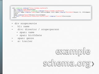 - div scope:movie
-   h1: name
-   div: director / scope:person
   - span: name
   - span: birthDate
-   span: genre
-   a: trailer
 