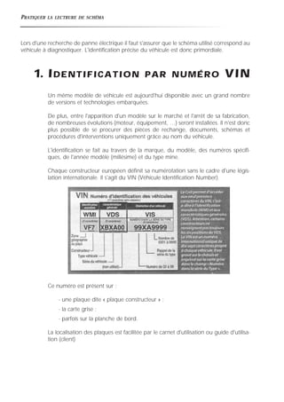 PRATIQUER LA LECTRURE DE SCHÉMA
Lors d'une recherche de panne électrique il faut s'assurer que le schéma utilisé correspond au
véhicule à diagnostiquer. L'identification précise du véhicule est donc primordiale.
1. IDENTIFICATION PAR NUMÉRO VIN
Un même modèle de véhicule est aujourd'hui disponible avec un grand nombre
de versions et technologies embarquées.
De plus, entre l'apparition d'un modèle sur le marché et l'arrêt de sa fabrication,
de nombreuses évolutions (moteur, équipement, …) seront installées. Il n'est donc
plus possible de se procurer des pièces de rechange, documents, schémas et
procédures d'interventions uniquement grâce au nom du véhicule.
L'identification se fait au travers de la marque, du modèle, des numéros spécifi-
ques, de l'année modèle (millésime) et du type mine.
Chaque constructeur européen définit sa numérotation sans le cadre d'une légis-
lation internationale. Il s'agit du VIN (Véhicule Identification Number).
Ce numéro est présent sur :
- une plaque dite « plaque constructeur » ;
- la carte grise ;
- parfois sur la planche de bord.
La localisation des plaques est facilitée par le carnet d'utilisation ou guide d'utilisa-
tion (client)
 