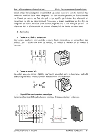 Cours Schémas et appareillages électriques Master Commande des systèmes électriques
Centre universitaire de Relizane BENAIRED NOREDDINE 25
circuit, elle est parcourue par un courant induit. Ce courant induit créé alors lui-même un flux
secondaire au niveau de la spire. De par les lois de l’électromagnétisme, ce flux secondaire
est déphasé par rapport au flux principal, ce qui signifie que les deux flux alternatifs ne
passent pas par zéro au même moment. Ainsi, dans le circuit magnétique les deux flux se
composent en un flux résultant ayant d’autres propriétés que le flux principal (évitent les
vibrations dues à l’alimentation en courant alternatif de la bobine du contacteur).
d. Accessoires
a. Contacts auxiliaires instantanés
Les contacts auxiliaires sont destinés à assurer l’auto alimentation, les verrouillages des
contacts…etc. Il existe deux types de contacts, les contacts à fermeture et les contacts à
ouverture.
b. Contacts temporisés
Le contact temporisé permet d’établir ou d’ouvrir un contact après certains temps préréglé
de façon à permettre à notre équipement de fonctionner convenablement.
c. Dispositif de condamnation mécanique
Cet appareillage interdit l’enclenchement simultané de deux contacteurs juxtaposés.
 