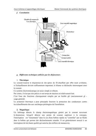 Cours Schémas et appareillages électriques Master Commande des systèmes électriques
Centre universitaire de Relizane BENAIRED NOREDDINE 46
f. Constitution
g. Différentes techniques utilisées par les disjoncteurs
1. Thermique
Le courant traverse le disjoncteur où des spires de fil chauffent par effet Joule un bilame,
si l'échauffement devient suffisamment important, le bilame se déclenche interrompant ainsi
le courant.
Ce système électromécanique est assez simple et robuste.
Par contre, il n'est pas très précis et son temps de réaction est relativement lent.
C'est l'une des fonctions classiquement remplie par un fusible gG (anciennement gl -
usage général)
La protection thermique a pour principale fonction la protection des conducteurs contre
les échauffements dus aux surcharges prolongées de l'installation.
2. Magnétique
Un bobinage détecte le champ électromagnétique généré par le courant traversant
le disjoncteur, lorsqu'il détecte une pointe de courant supérieur à la consigne,
l'interruption est "instantanée" dans le cas d'une bobine rapide ou "contrôlée" par un fluide
dans la bobine qui permet des déclenchements retardés. Il est généralement associé à un
interrupteur de très haute qualité qui autorise des milliers de manœuvres.
 