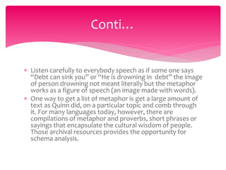  Listen carefully to everybody speech as if some one says
“Debt can sink you” or “He is drowning in debt” the image
of person drowning not meant literally but the metaphor
works as a figure of speech (an image made with words).
 One way to get a list of metaphor is get a large amount of
text as Quinn did, on a particular topic and comb through
it. For many languages today, however, there are
compilations of metaphor and proverbs, short phrases or
sayings that encapsulate the cultural wisdom of people.
Those archival resources provides the opportunity for
schema analysis.
Conti…
 