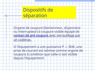 Dispositifs de
séparation
Organe de coupure (Sectionneur, disjoncteur
ou interrupteur) à coupure visible équipé de
contact de pré coupure avec verrouillage par
un cadenas.
Si l’équipement a une puissance P  3kW, une
prise de courant est admise comme organe de
coupure à condition que celle-ci soit visible
depuis l’équipement.
 