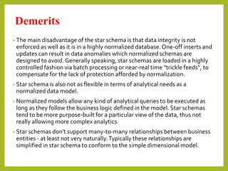 Demerits
• The main disadvantage of the star schema is that data integrity is not
enforced as well as it is in a highly normalized database.One-off inserts and
updates can result in data anomalies which normalized schemas are
designed to avoid.Generally speaking, star schemas are loaded in a highly
controlled fashion via batch processing or near-real time "trickle feeds", to
compensate for the lack of protection afforded by normalization.
• Star schema is also not as flexible in terms of analytical needs as a
normalized data model.
• Normalized models allow any kind of analytical queries to be executed as
long as they follow the business logic defined in the model. Star schemas
tend to be more purpose-built for a particular view of the data, thus not
really allowing more complex analytics.
• Star schemas don't support many-to-many relationships between business
entities - at least not very naturally.Typically these relationships are
simplified in star schema to conform to the simple dimensional model.
 
