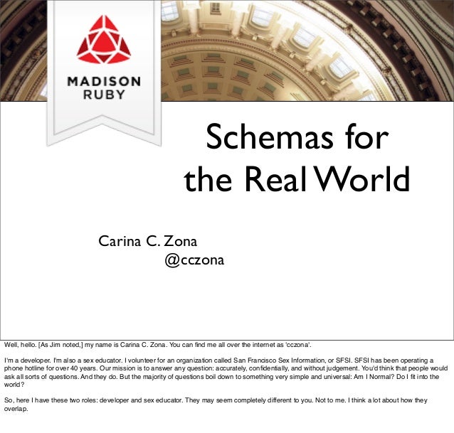 Schemas for
the Real World
Carina C. Zona
@cczona
Well, hello. [As Jim noted,] my name is Carina C. Zona. You can ﬁnd me a...