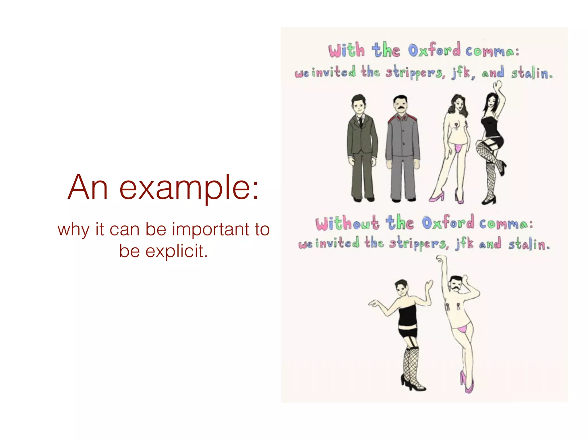 An example:
why it can be important to
be explicit.