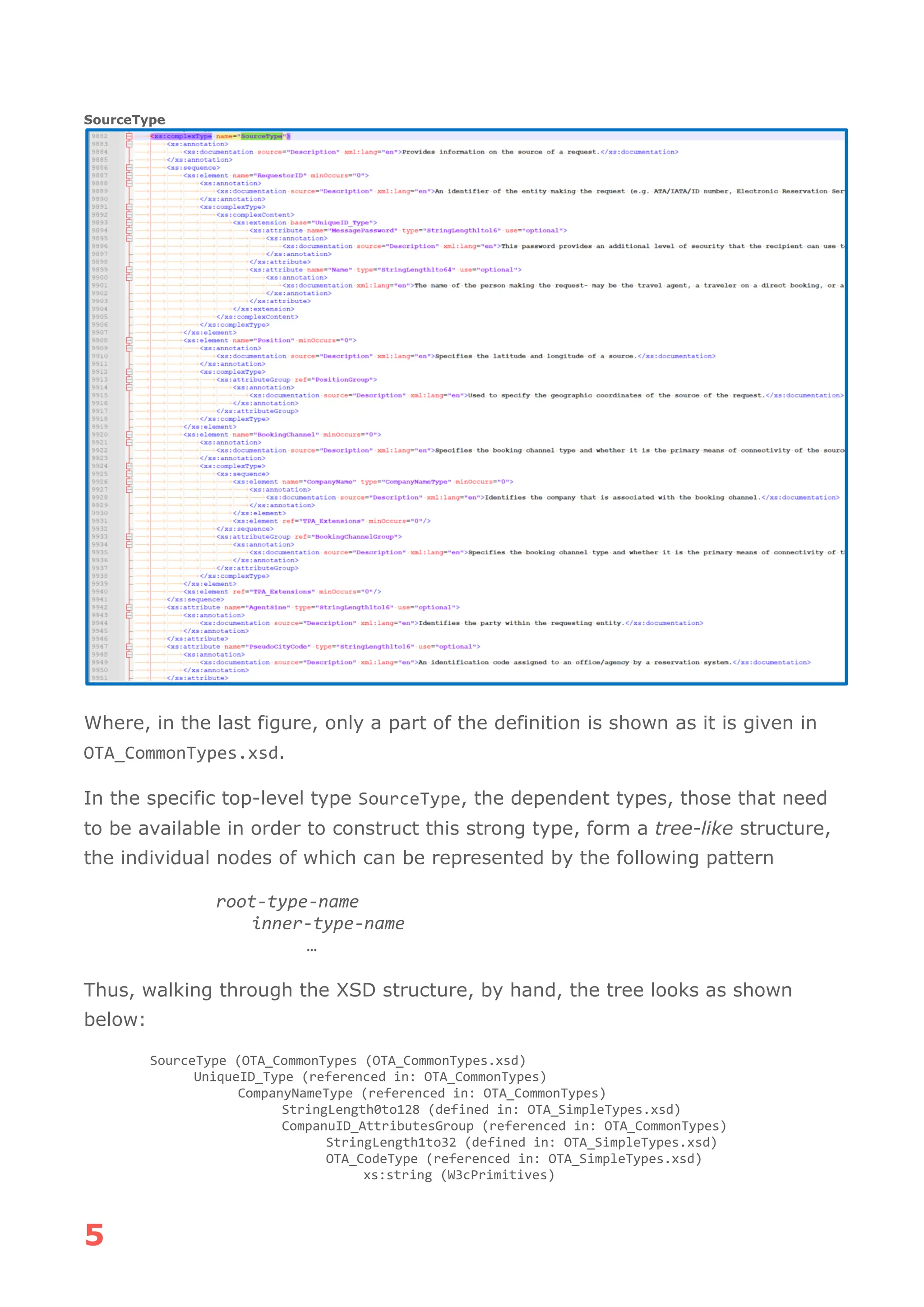 5
SourceType
Where, in the last figure, only a part of the definition is shown as it is given in
OTA_CommonTypes.xsd.
In the specific top-level type SourceType, the dependent types, those that need
to be available in order to construct this strong type, form a tree-like structure,
the individual nodes of which can be represented by the following pattern
root-type-name
inner-type-name
…
Thus, walking through the XSD structure, by hand, the tree looks as shown
below:
SourceType (OTA_CommonTypes (OTA_CommonTypes.xsd)
UniqueID_Type (referenced in: OTA_CommonTypes)
CompanyNameType (referenced in: OTA_CommonTypes)
StringLength0to128 (defined in: OTA_SimpleTypes.xsd)
CompanuID_AttributesGroup (referenced in: OTA_CommonTypes)
StringLength1to32 (defined in: OTA_SimpleTypes.xsd)
OTA_CodeType (referenced in: OTA_SimpleTypes.xsd)
xs:string (W3cPrimitives)
 