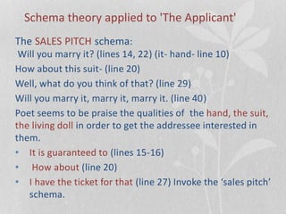 Schema theory applied to 'The Applicant'
The SALES PITCH schema:
Will you marry it? (lines 14, 22) (it- hand- line 10)
How about this suit- (line 20)
Well, what do you think of that? (line 29)
Will you marry it, marry it, marry it. (line 40)
Poet seems to be praise the qualities of the hand, the suit,
the living doll in order to get the addressee interested in
them.
• It is guaranteed to (lines 15-16)
• How about (line 20)
• I have the ticket for that (line 27) Invoke the ‘sales pitch’
schema.
 